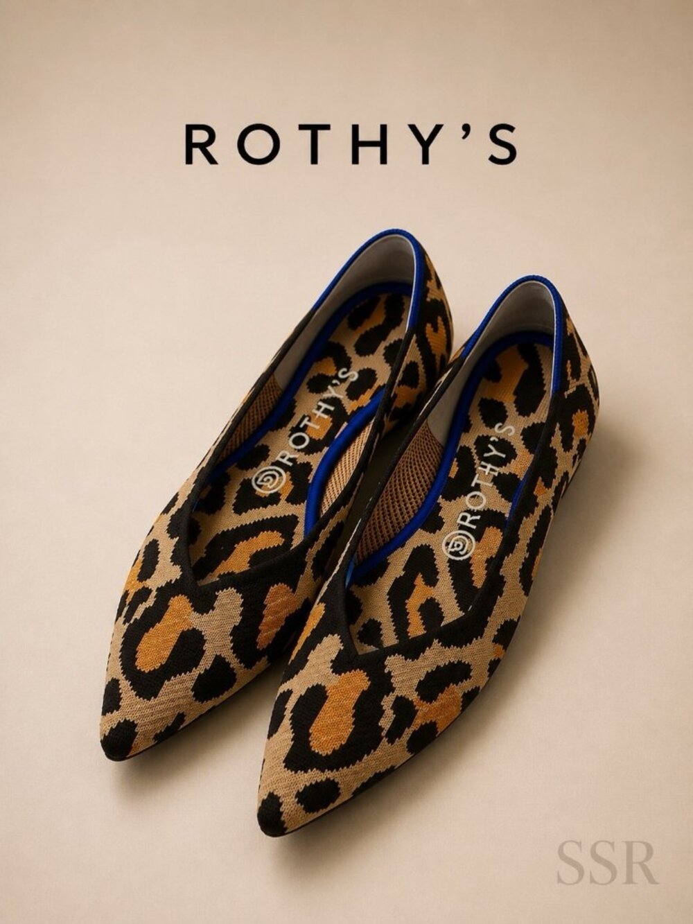 Rothy’s The Point Big Cat Leopard Print Flats Blue Trim Washable Shoes Size 8.5